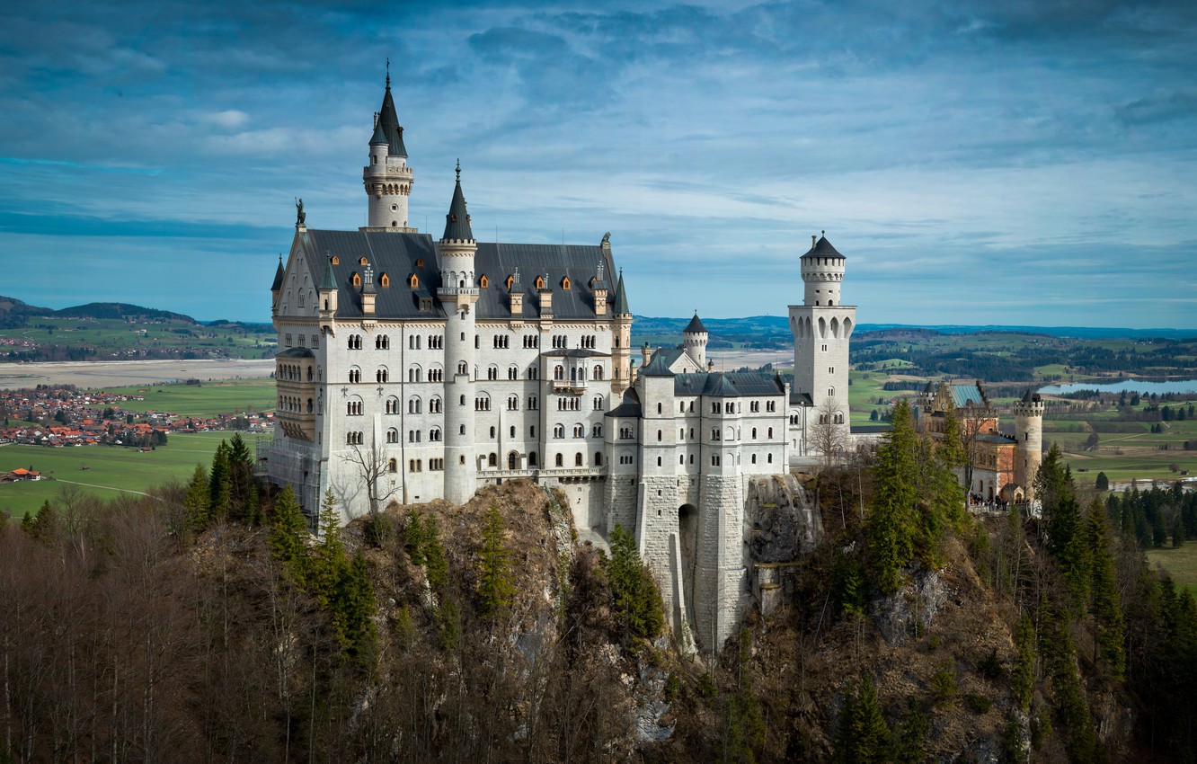 Photo Wallpaper Trees, River, Castle, Field, Home, - Neuschwanstein Castle - HD Wallpaper 