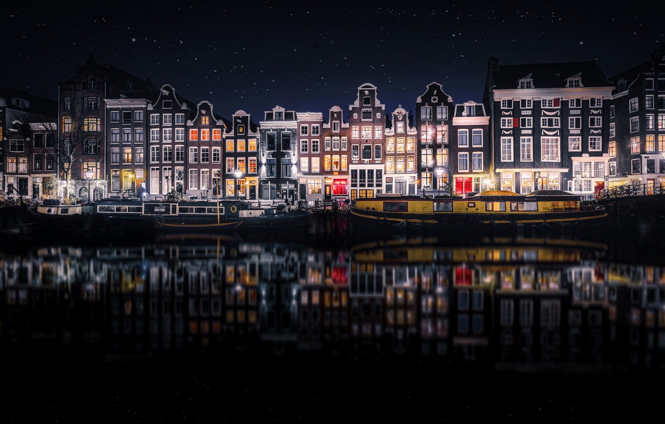 Photo Wallpaper Reflection, Night, The City, Home, - Amsterdam Night - HD Wallpaper 