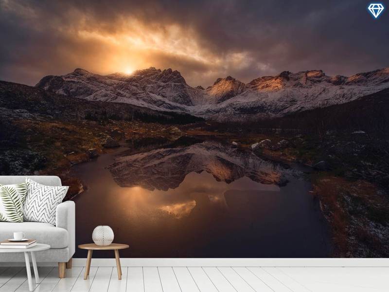 Photo Wallpaper Lofoten Mountains - Schotse Hooglander Fotobehang - HD Wallpaper 