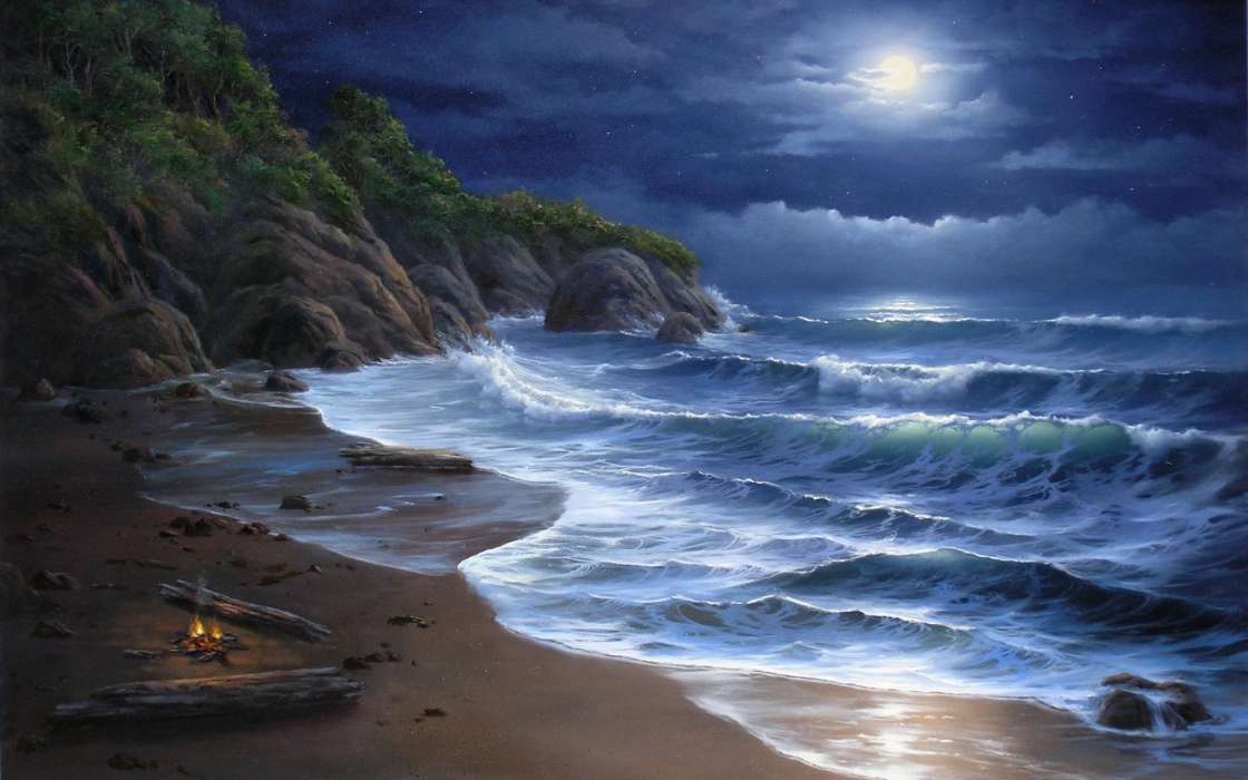Download Mobile Wallpaper Landscape, Sea, Night, Beach, - Sea Nature Paintings - HD Wallpaper 