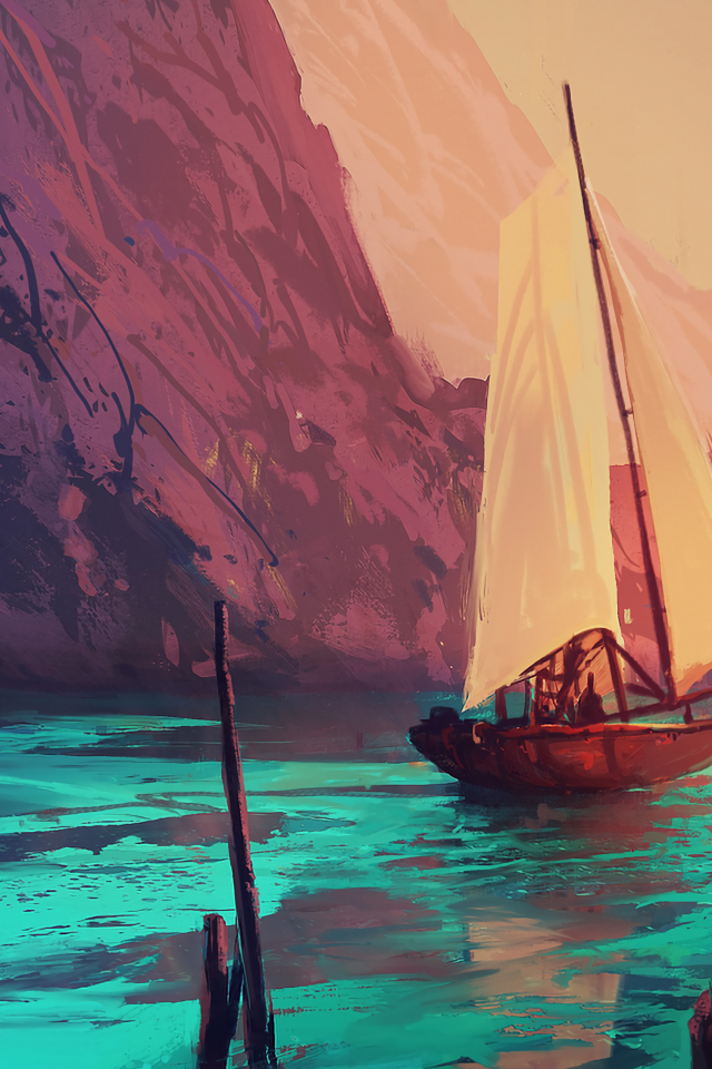 Boat, Mountain, Scenic, Artwork, Relax, Painting - Iphone Boat Painting - HD Wallpaper 