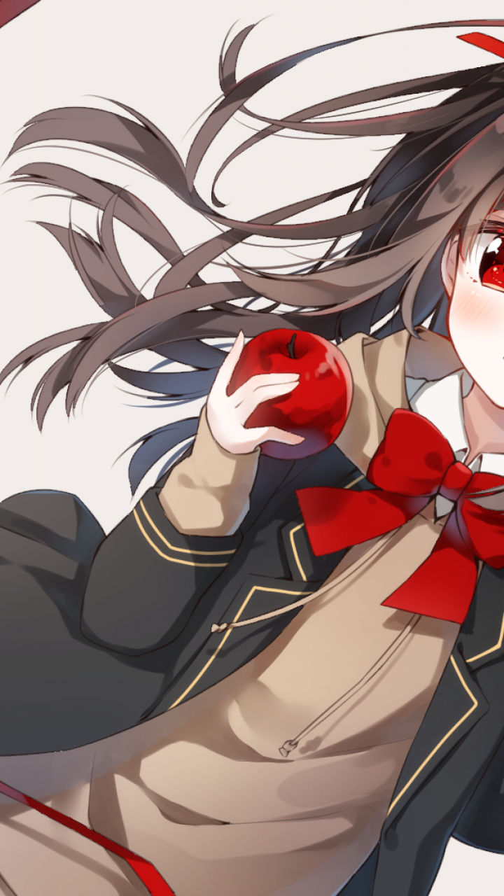 Anime Girl, Brown Hair, Ribbon, Heart, Cute, Apple, - Cute Brown Hair Red Eye Anime Girl - HD Wallpaper 
