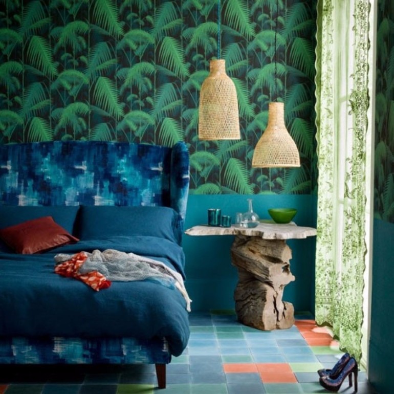 Palm Print Wallpaper Bedroom - HD Wallpaper 