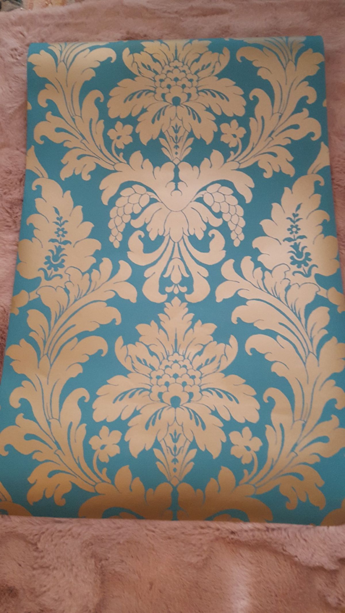 8 New, Full Rolls Of The Above Wallpaper, All Same - Gold Teal Damask - HD Wallpaper 