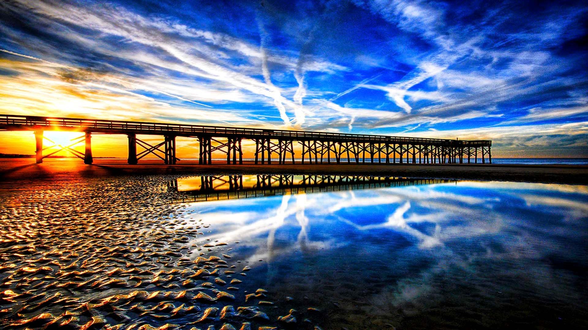 Fabulous Pier Hdr Ripples Clouds Beach Wallpaper - Pier - HD Wallpaper 