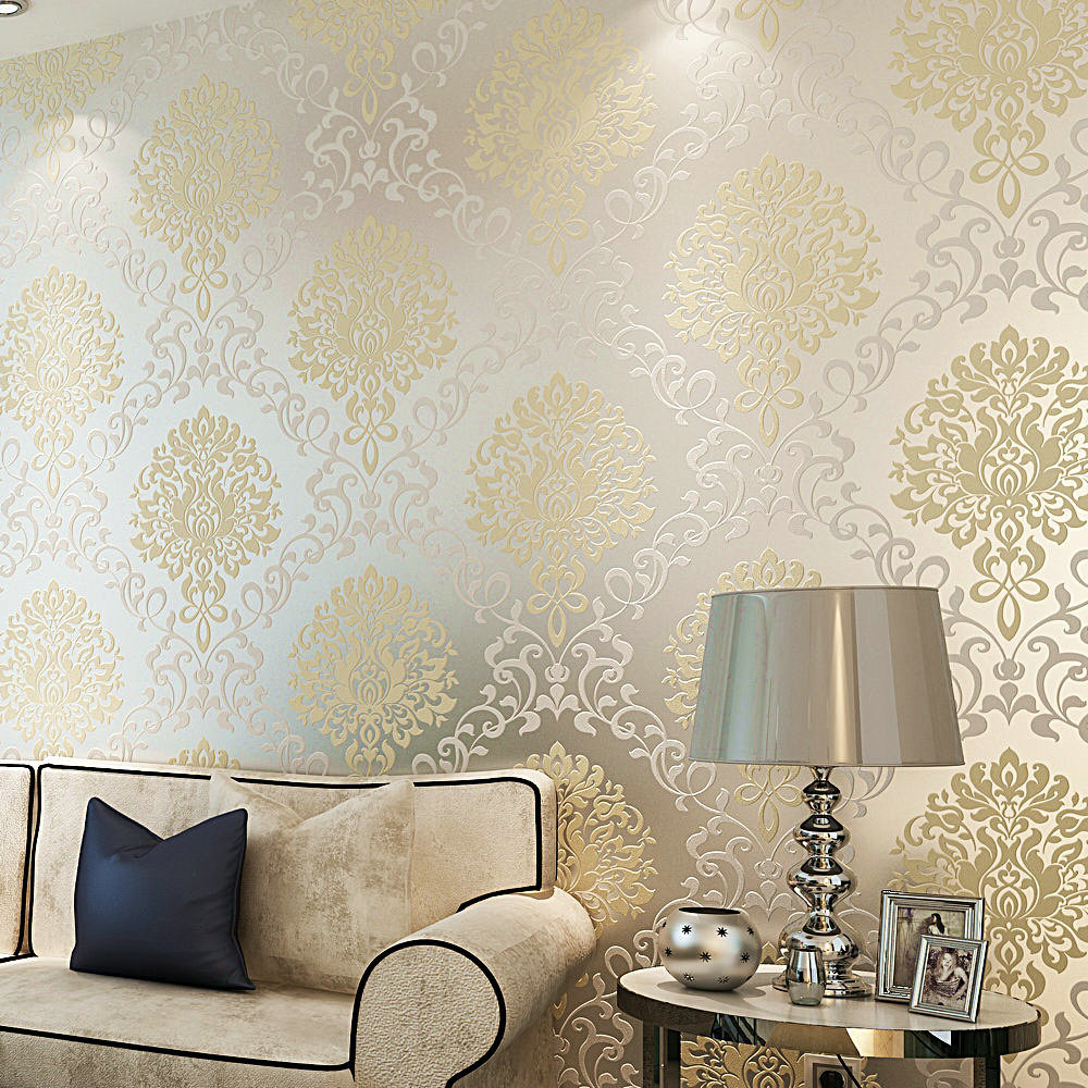 10m Textured Glitter Metallic Damask Flocking Non-woven - White Gold Wallpaper For Bedroom - HD Wallpaper 