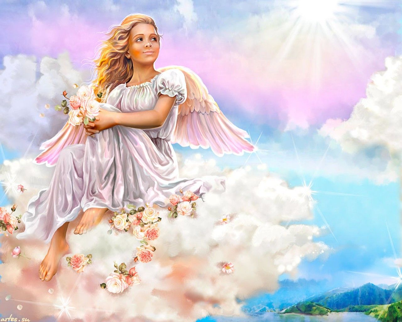 Heavenly Angels Desktop Wallpaper - Angel On A Cloud - HD Wallpaper 