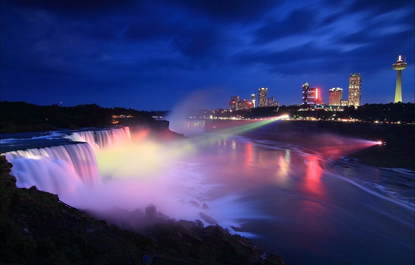 Photo Wallpaper Night, The City, Canada, Ontario, Usa, - Niagara Falls Canada Towns - HD Wallpaper 