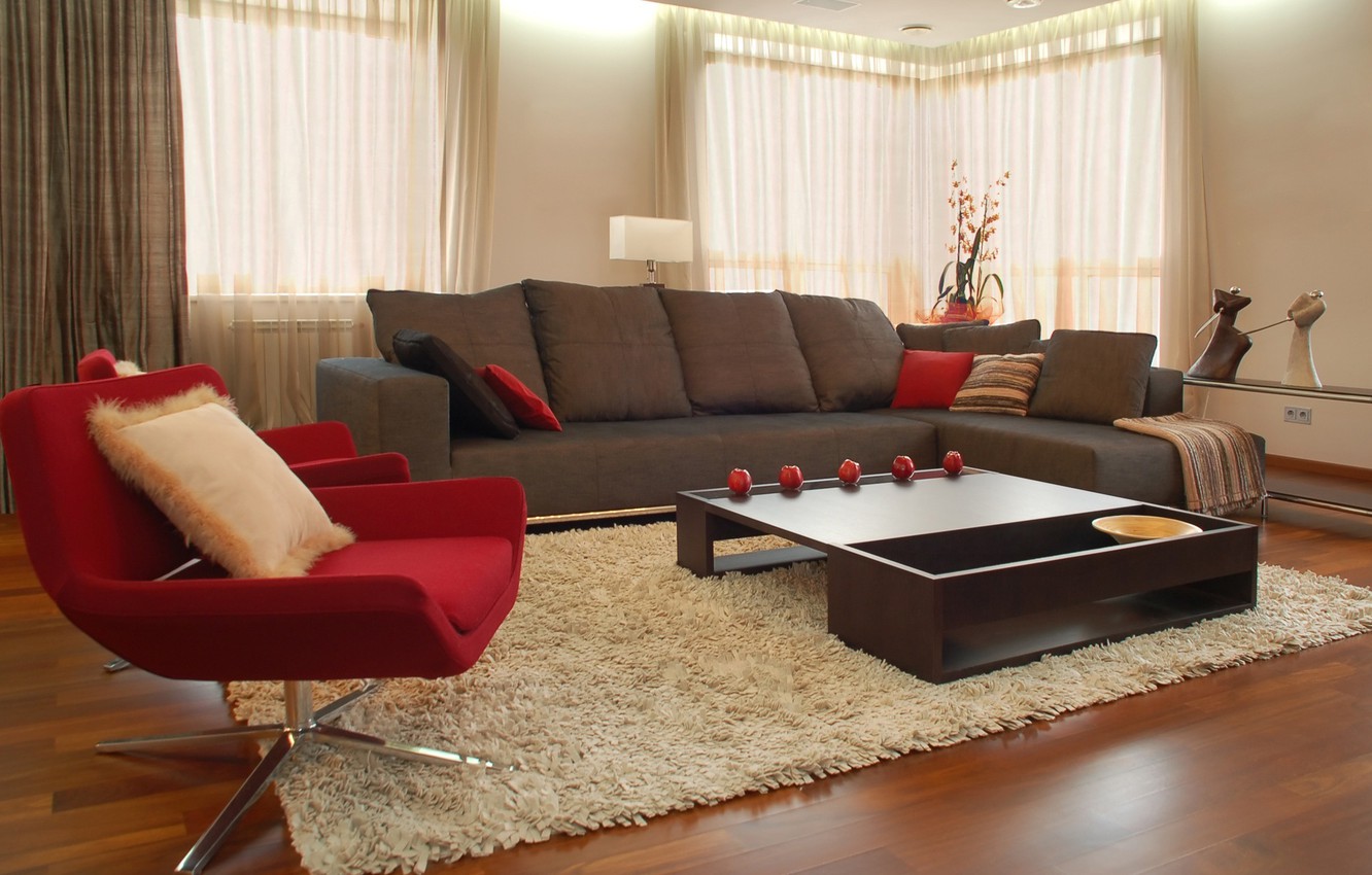 Photo Wallpaper Design, Style, Room, Sofa, Red, Carpet, - Grey And Red Sofa - HD Wallpaper 