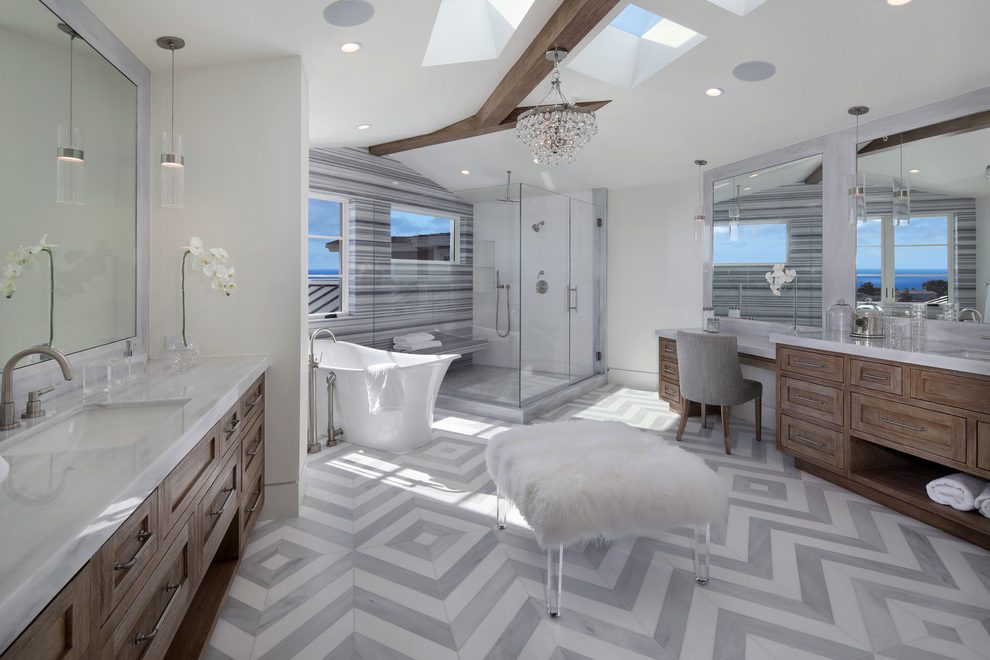Chevron Floor Transitional Bathroom Pendant Lighting - Bathroom Designs With Cathedral Ceiling - HD Wallpaper 