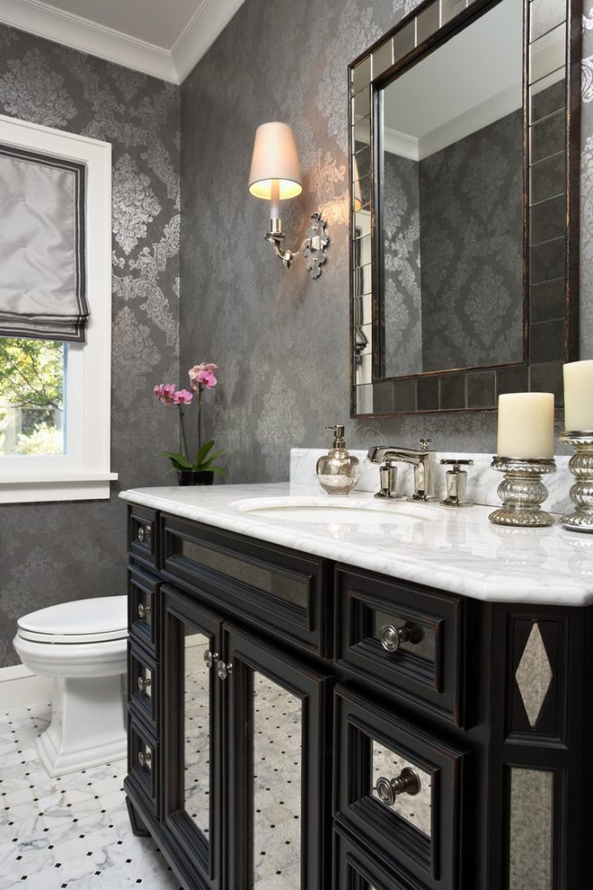 Minneapolis Black Textured Wallpaper With Contemporary - Black Vanity Powder Room - HD Wallpaper 