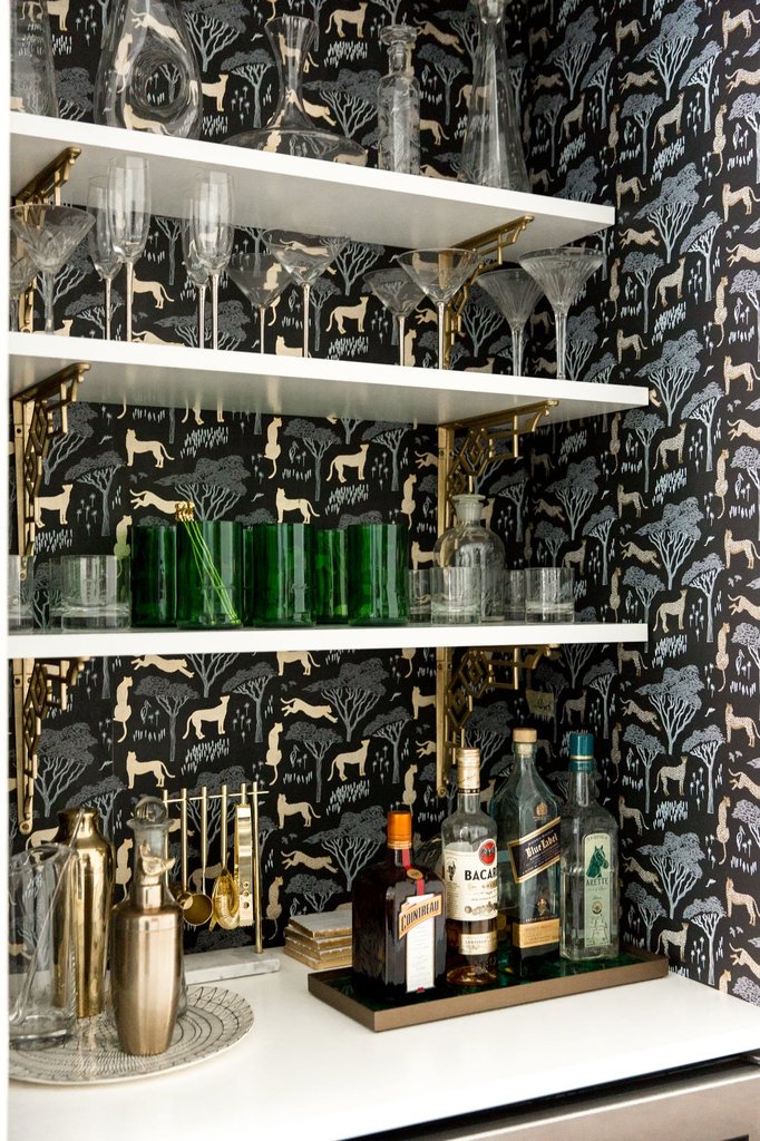 Wallpapered Shelves Cocktail Time Serengeti Ebony Via - Serengeti Ebony - HD Wallpaper 