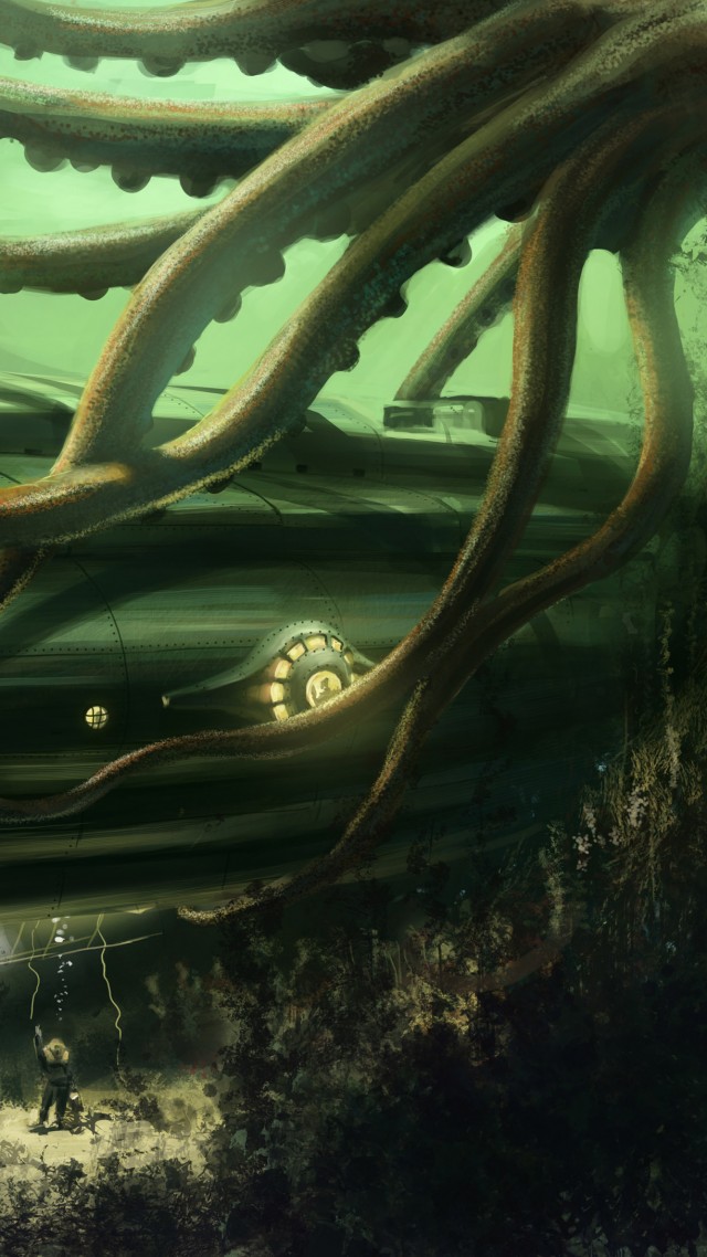 Octopus, Nautilus, Jules Verne, Bottom, Ocean, Boat - Submarine Underwater Paintings - HD Wallpaper 