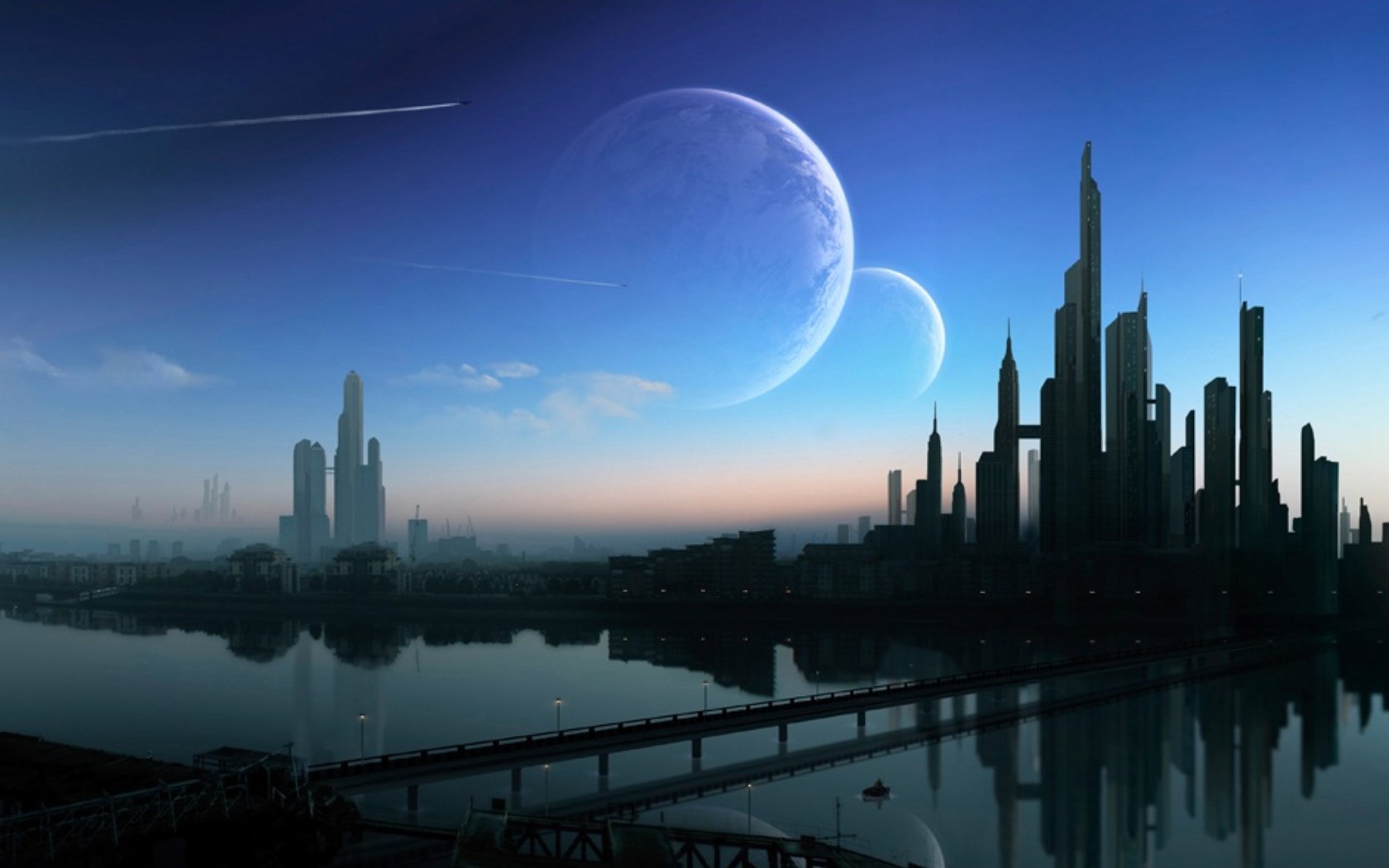 Futuristic City With Planets - HD Wallpaper 