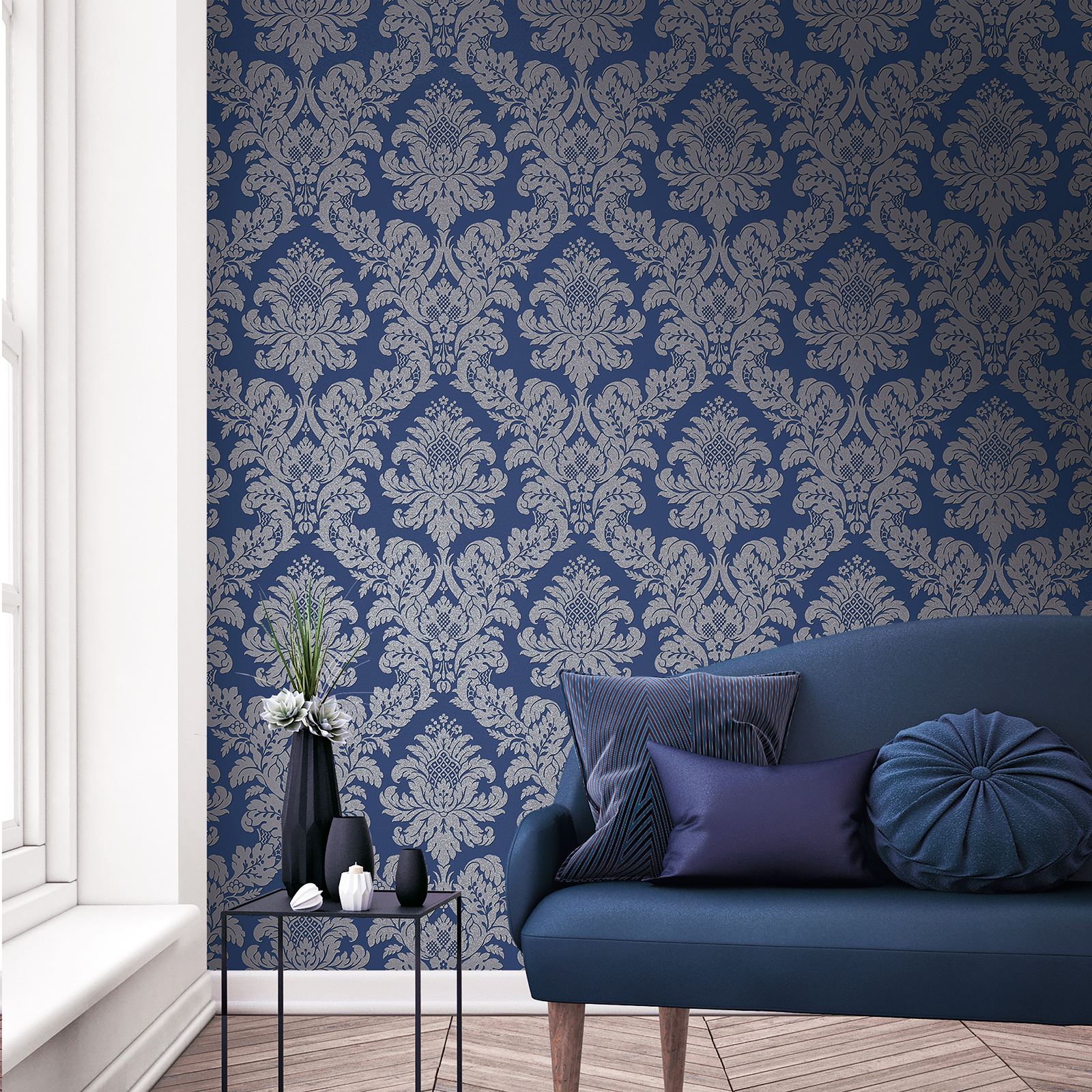 14 Blue Floral Living Room Wallpaper Midnight Blue - Blue Wallpaper Living Room - HD Wallpaper 