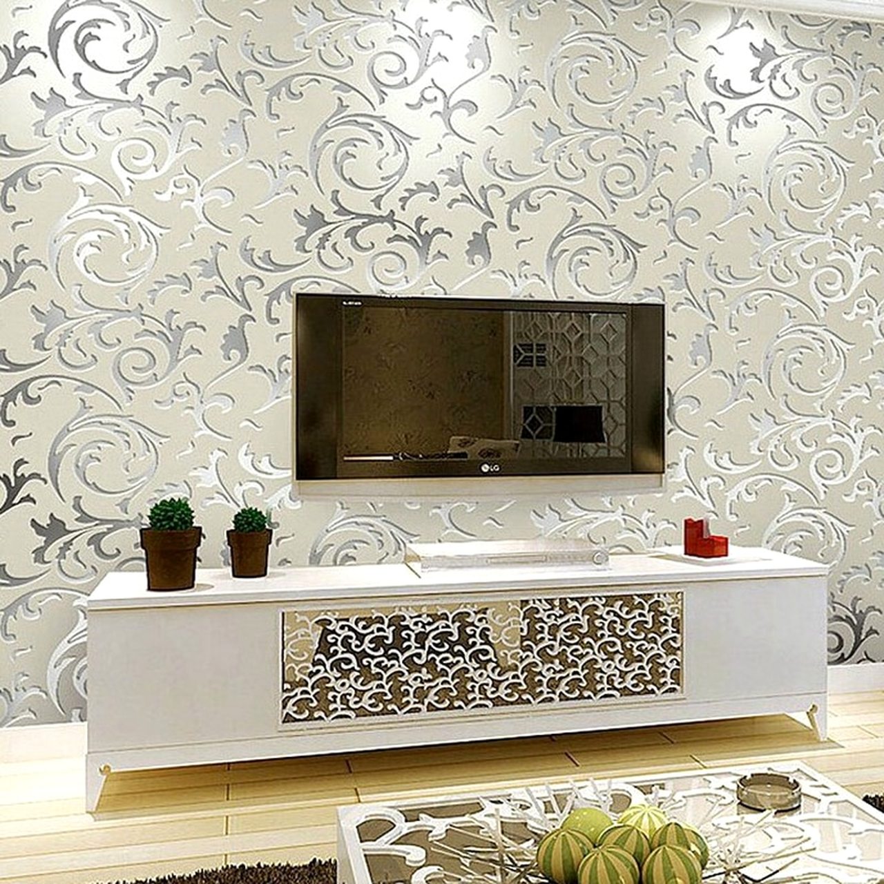 Gold Damask Wallpaper Living Room - HD Wallpaper 