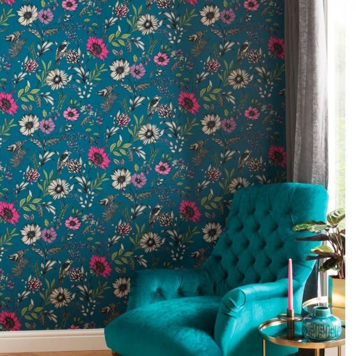 Teal Floral Wallpaper Bedroom Ideas - HD Wallpaper 
