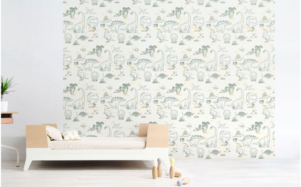 Grey And Yellow Dinosaur Wallpaper For Modern Boys - Papier Peint Chambre Fille - HD Wallpaper 