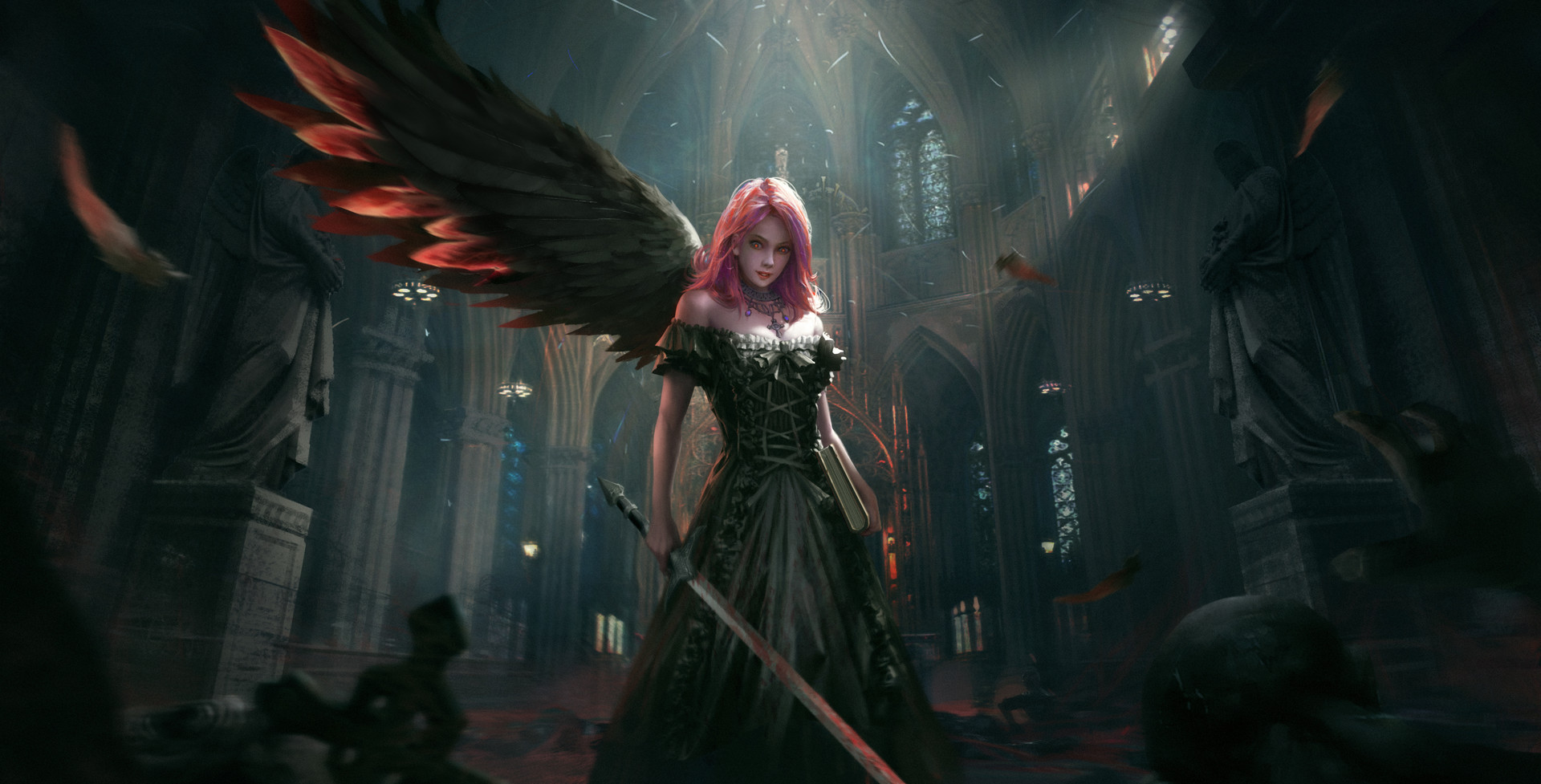 Fantasy Dark Angel Girl - HD Wallpaper 