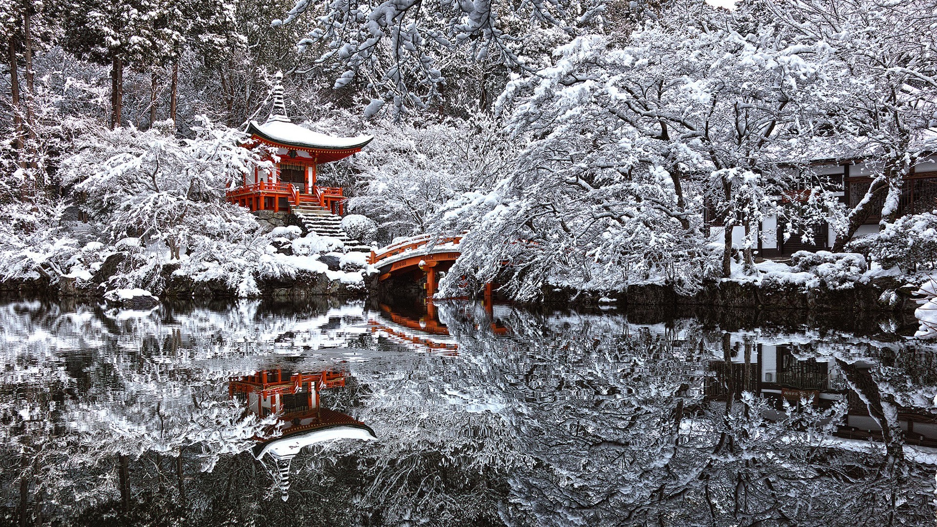 Japan, Temple, Snow, Winter, Reflection, Pond, Kyoto - Japan Winter Wallpaper Hd - HD Wallpaper 