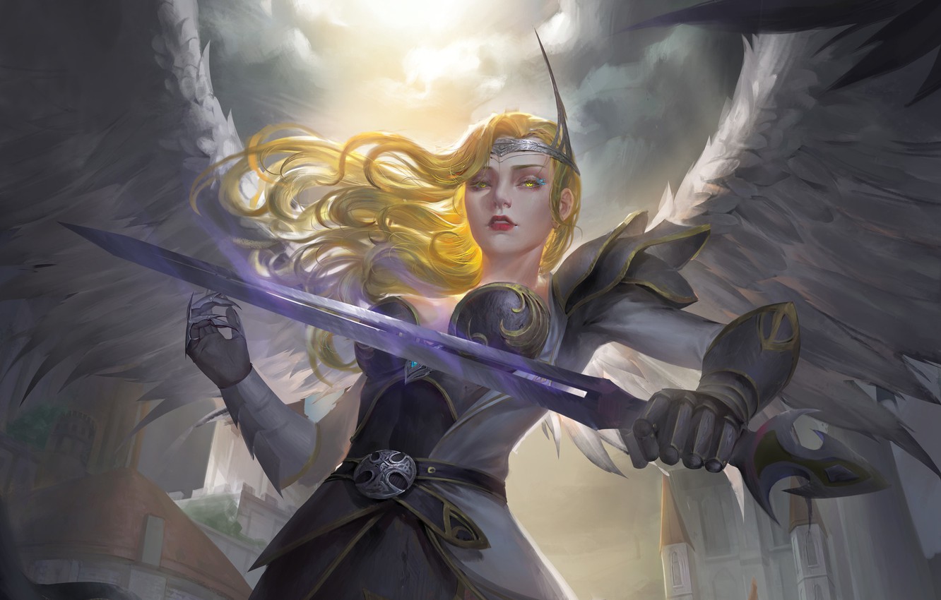 Photo Wallpaper Look, Girl, Weapons, Wings, Angel, - Angel With Armor And Sword - HD Wallpaper 