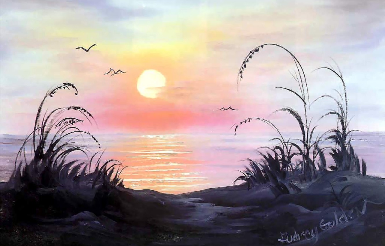 Photo Wallpaper Grass, Water, The Sun, Birds, Sunrise, - Bob Ross Paintings With Birds - HD Wallpaper 