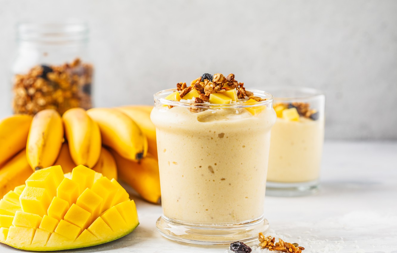 Photo Wallpaper Breakfast, Bananas, Mango, Nuts, Smoothie - Mango Smoothie - HD Wallpaper 