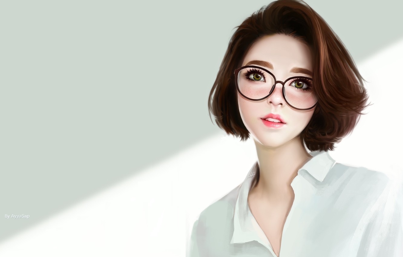 Photo Wallpaper Girl, Portrait, Art, Alco Sap, Asian - Anime Girl Short Hair With Glasses - HD Wallpaper 