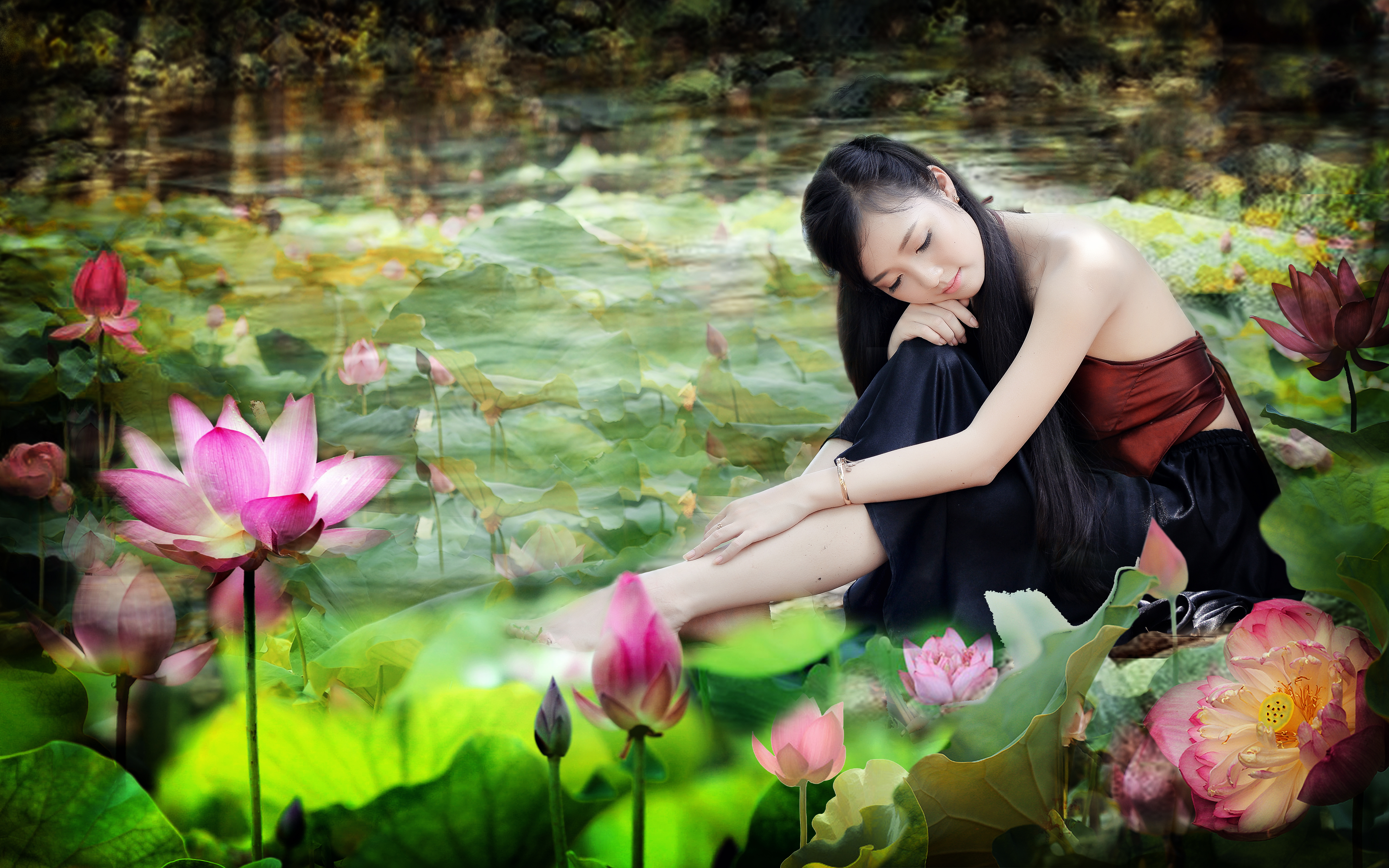 Lotus Flower With Girl - HD Wallpaper 