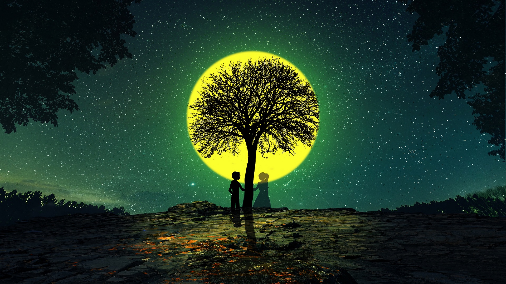 Wallpaper Silhouettes, Love, Tree, Night - Mobile Wallpaper Love Tree - HD Wallpaper 