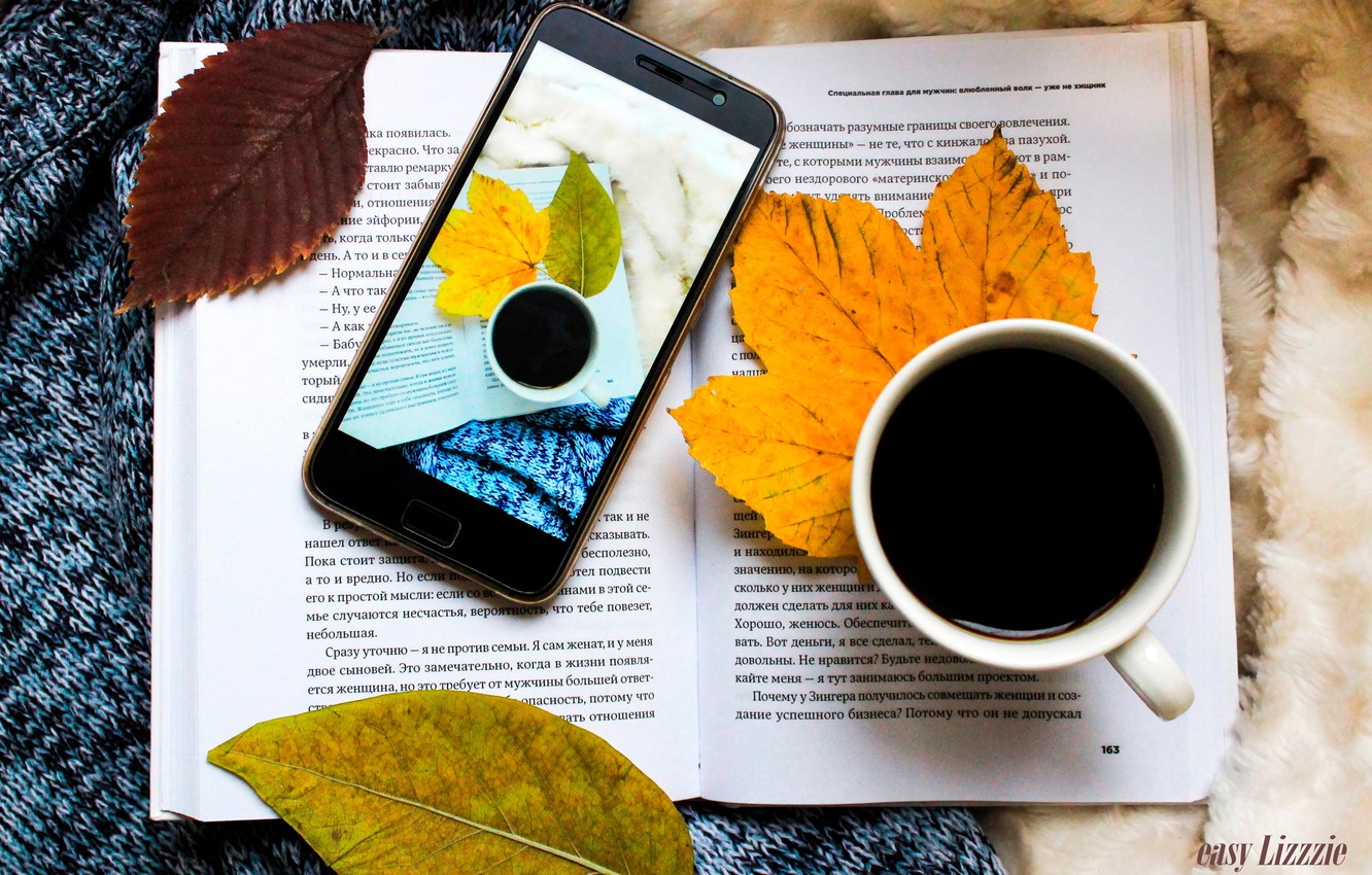 Wallpaper Autumn Leaves Coffee Book Phone Plaid Sweater - Autumn Coffee Book Sweater - HD Wallpaper 