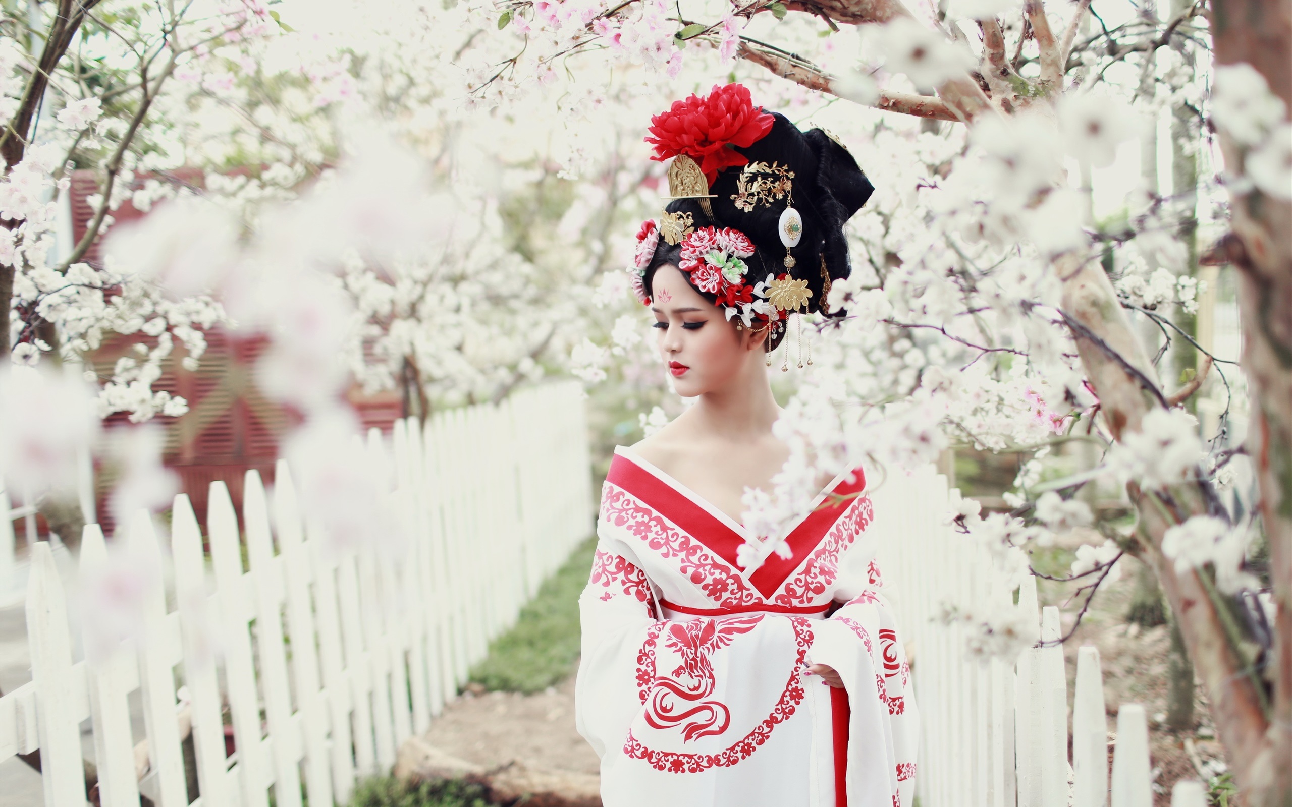 Wallpaper Asian Girl, Retro Style, Flowers, Spring - Asian Style - HD Wallpaper 