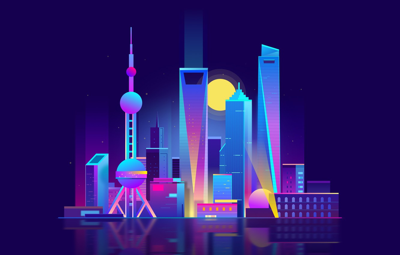 Photo Wallpaper Minimalism, Night, Tower, Vector, The - Shanghai Wallpaper Minimalist - HD Wallpaper 