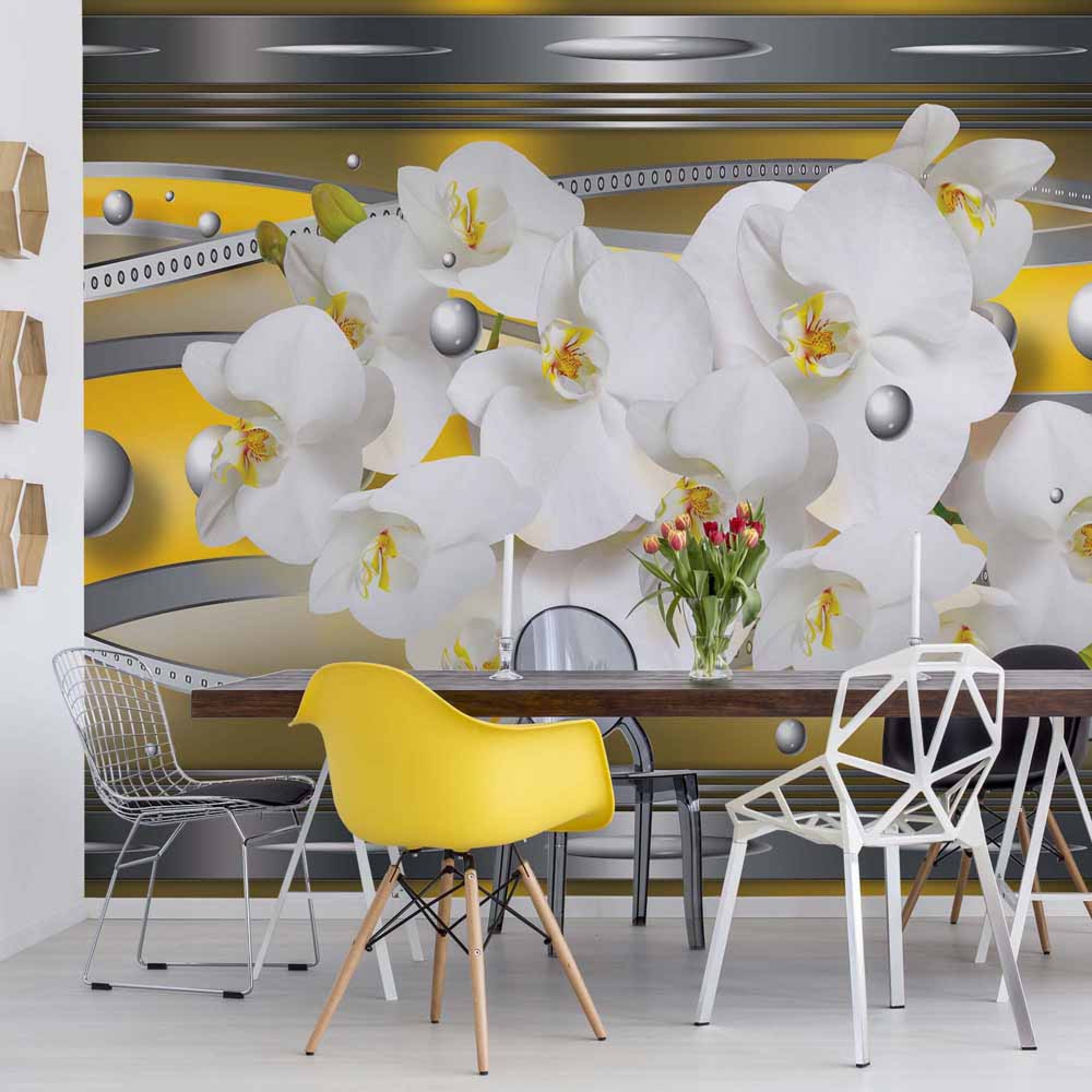 Modern Silver And Yellow Design Orchids - Chair - HD Wallpaper 