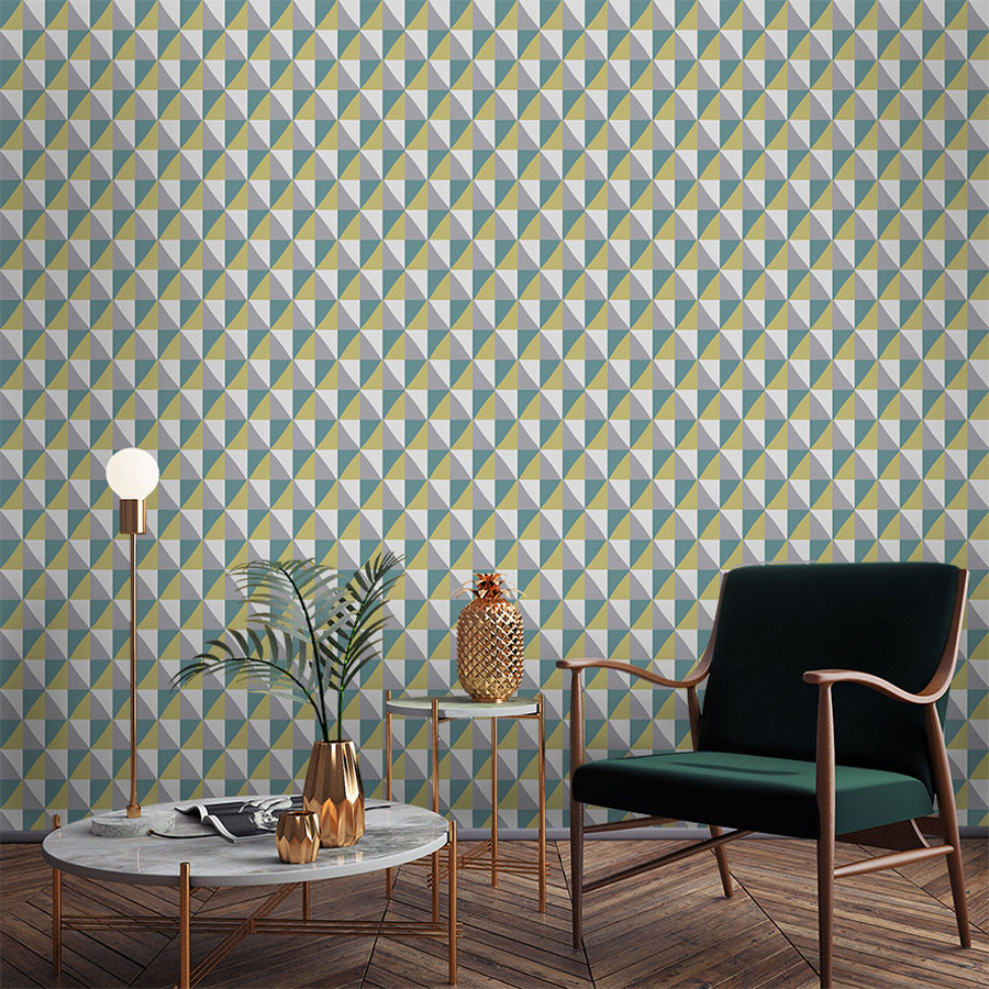 Geometry Wallpaper Mural Grey Yellow Green In Hall - Modern Painting Image Gold - HD Wallpaper 