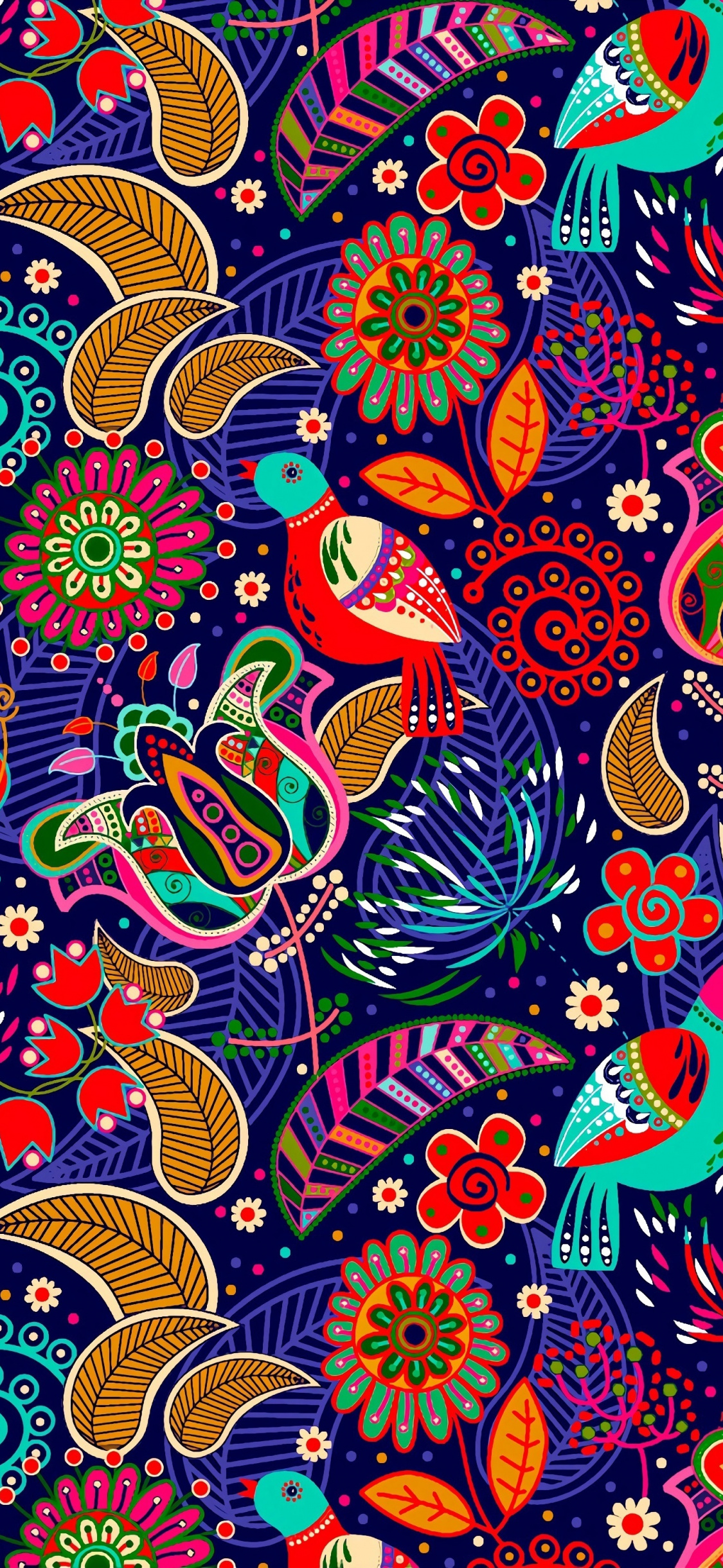 Pattern, Colorful, Birds, Leaf, Flowers, Wallpaper - Background Folklore - HD Wallpaper 