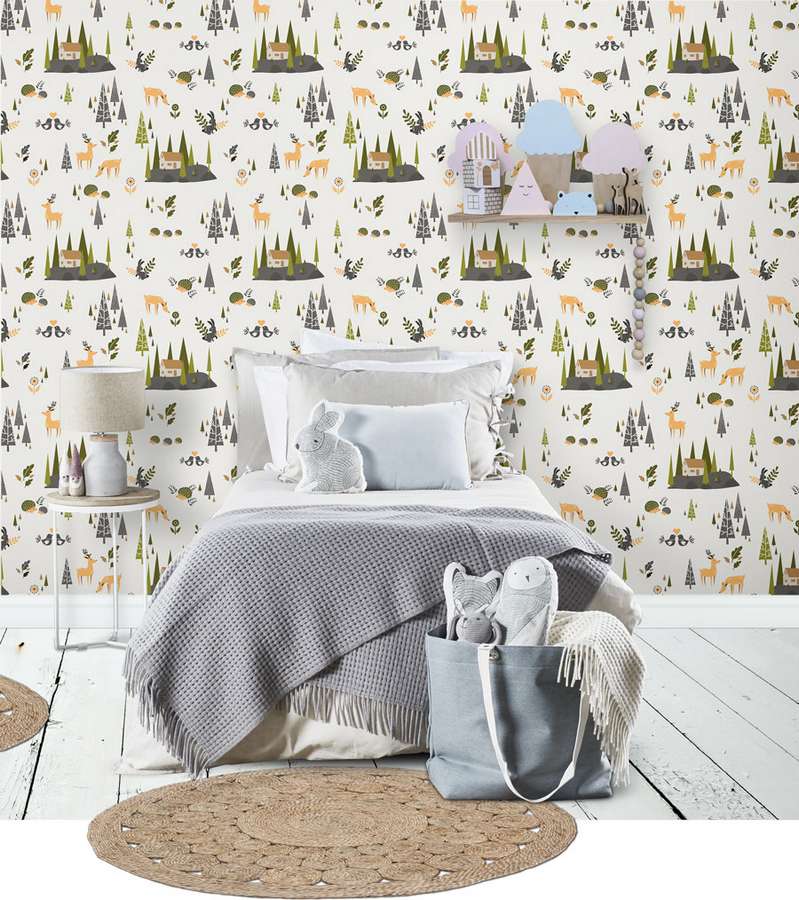 Animal Wallpaper Mural Grey Orange Green In Children - Girl Baby Room Wall Decor - HD Wallpaper 