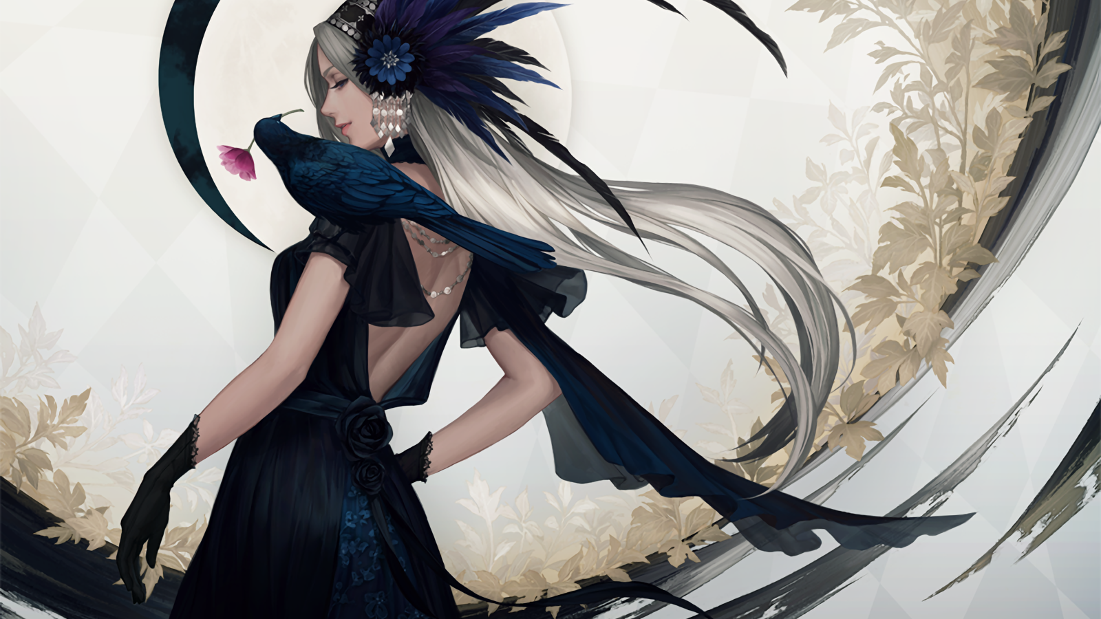 Fantasy Girl, Silver Hair, Bird, Black Dress - Suda Ayaka - HD Wallpaper 