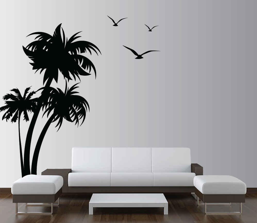 Palm Trees Vinyl Wall Decal With Seagulls 1132 - Wall Painting Of Trees - HD Wallpaper 