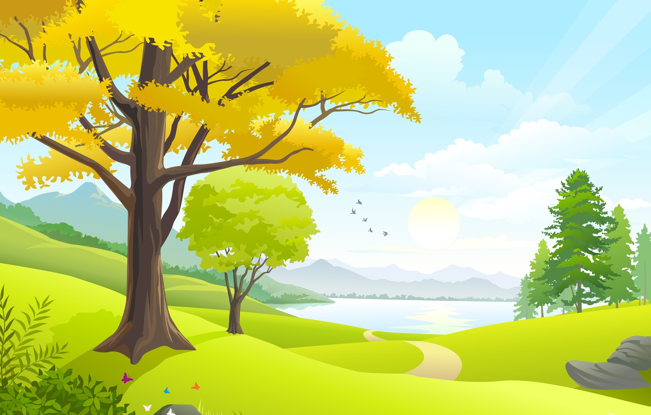 Photo Wallpaper Road, The Sky, The Sun, Clouds, Trees, - Vector Images Nature - HD Wallpaper 