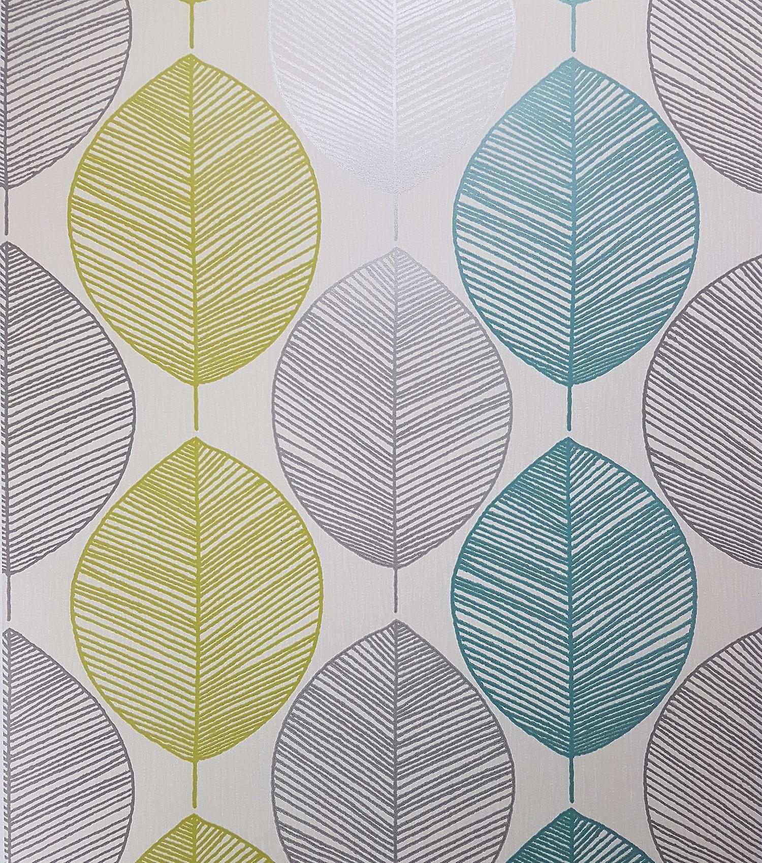 Teal Green Taupe Leaf Floral Wallpaper Silver Metallic - Yrllow And Grey - HD Wallpaper 