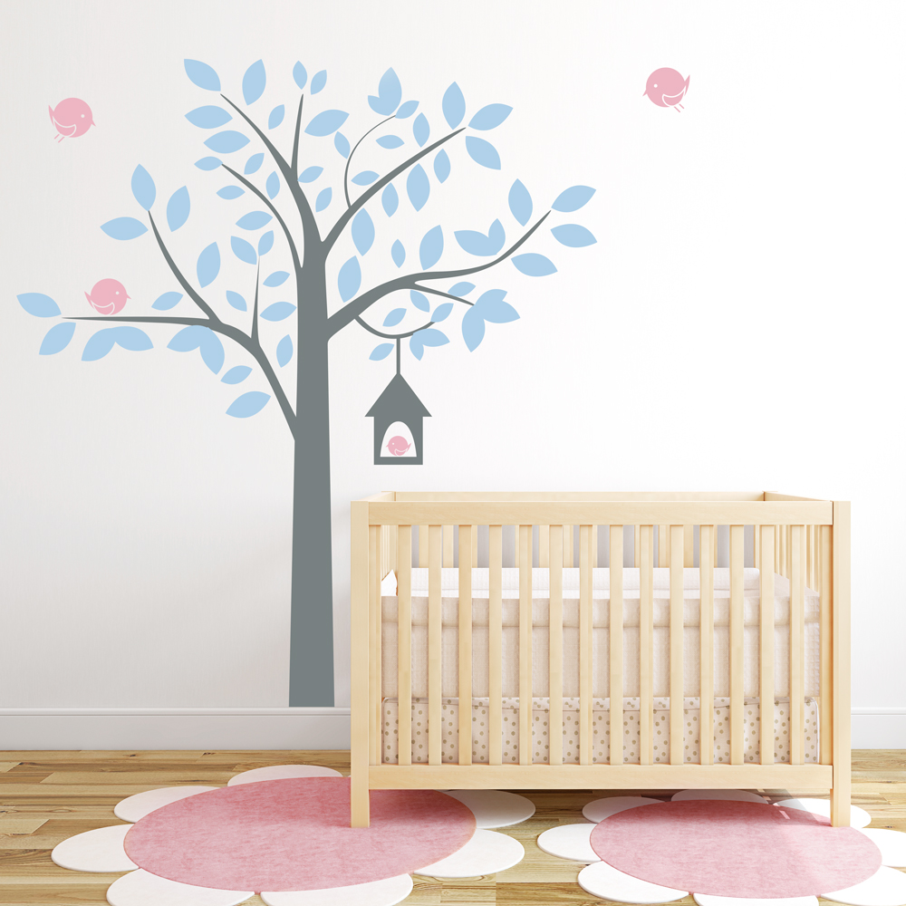 Four Bird Tree Wall Decal - Pink Tree Wall Sticker - HD Wallpaper 