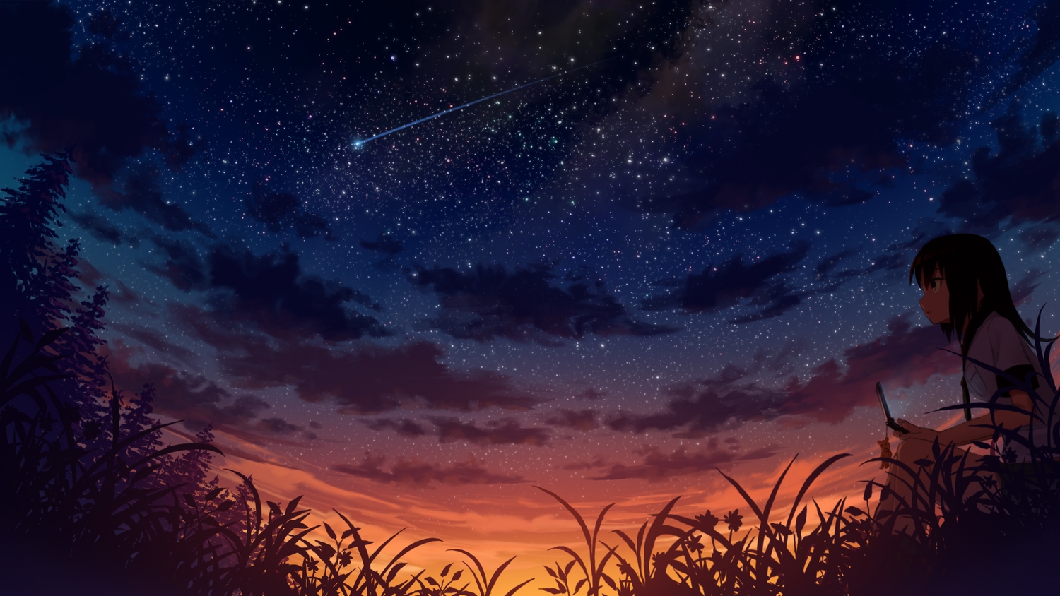 Black Hair Grass Original Phone Sakais Scenic Sky Stars - Anime Starry Night Background - HD Wallpaper 