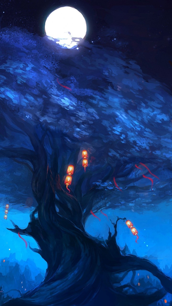 Old Tree, Lanterns, Moon, Landscape, Lights - Wallpaper - HD Wallpaper 