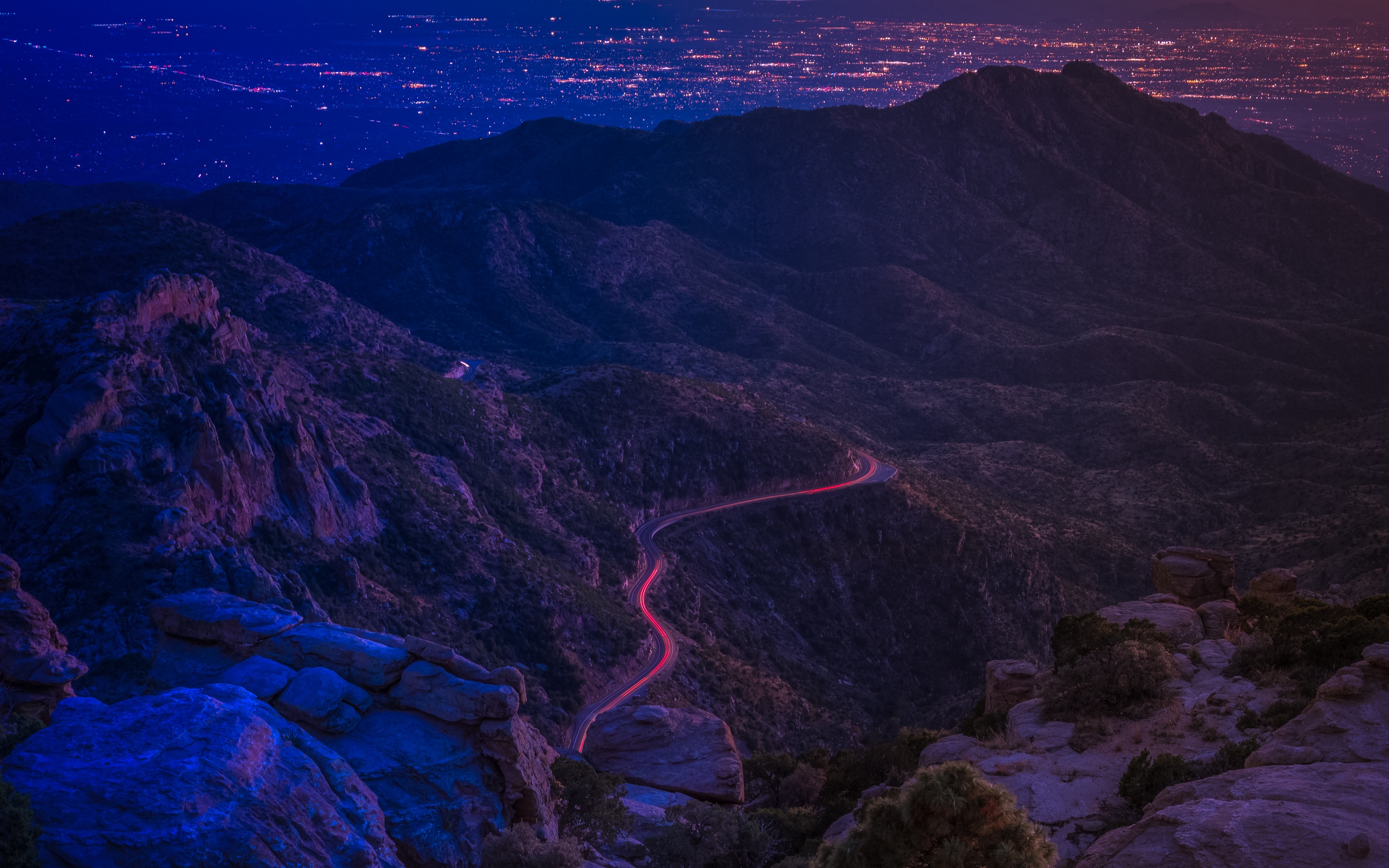 Wallpaper Mountains, Road, Night, Backlight, Aerial - Valley Backgrounds - HD Wallpaper 