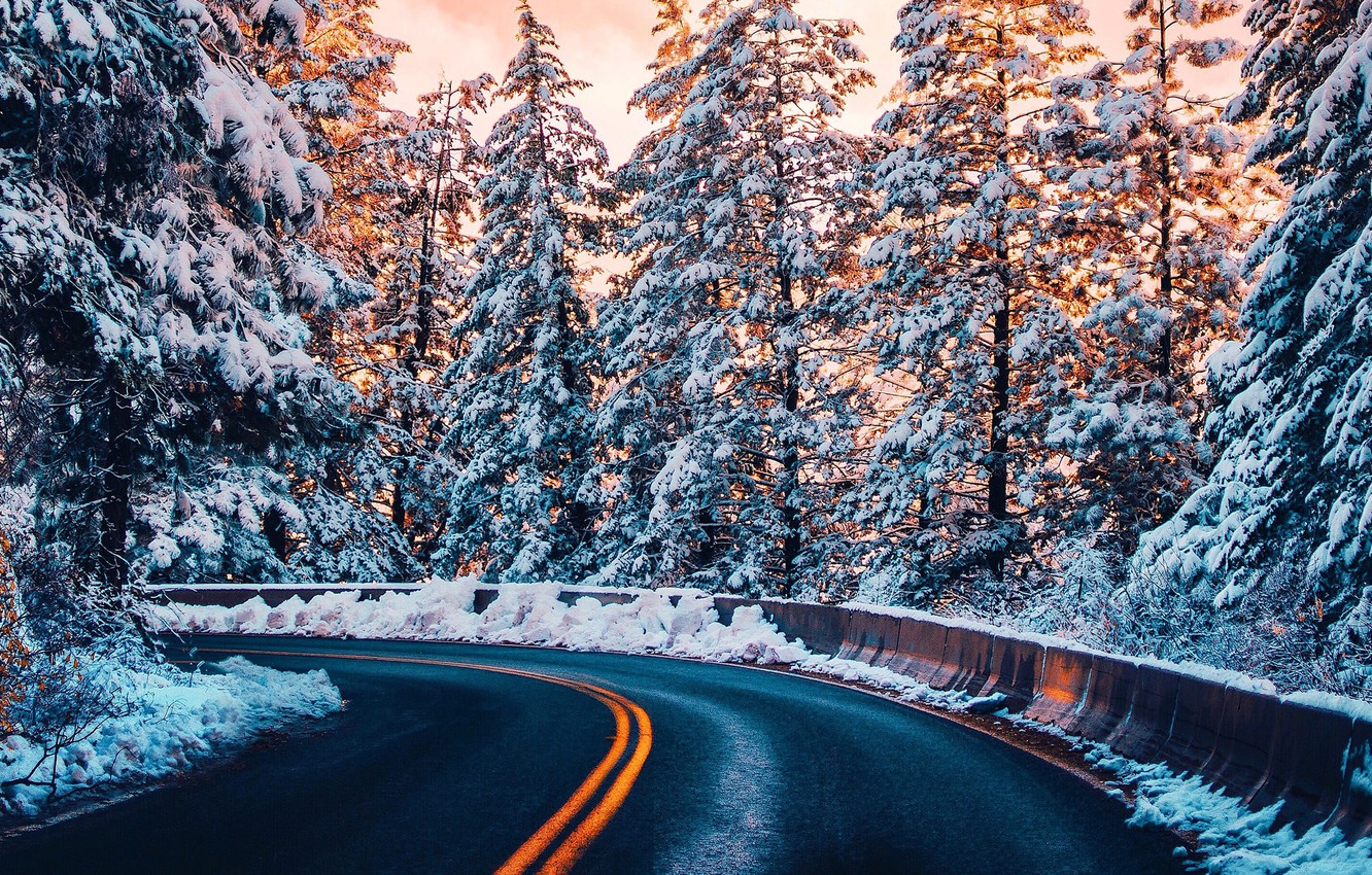 Photo Wallpaper Winter, Road, Forest, Light, Snow, - Winter Road Wallpaper Hd - HD Wallpaper 