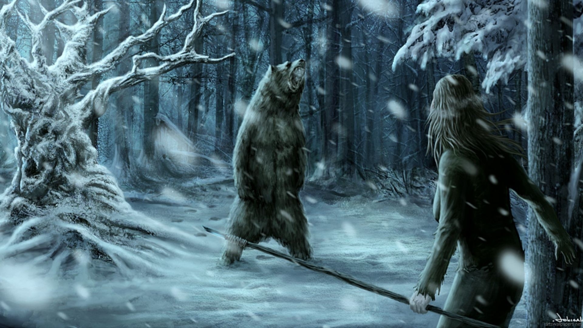 Bear In Snow Forest - HD Wallpaper 