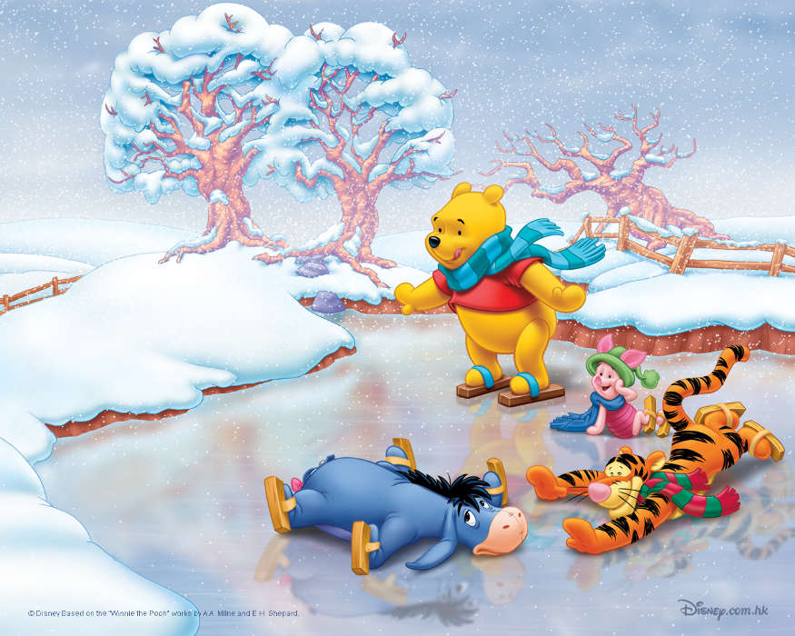 Download Mobile Wallpaper Cartoon, Winter, Ice, Snow, - Winnie The Pooh Christmas Background - HD Wallpaper 
