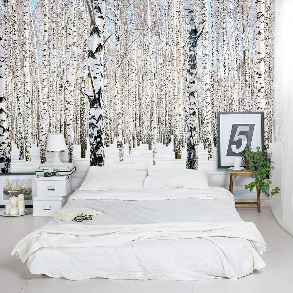 Snow Dense Winter Birch Tree Forest Wall Mural - Bedroom White Brick Wall - HD Wallpaper 