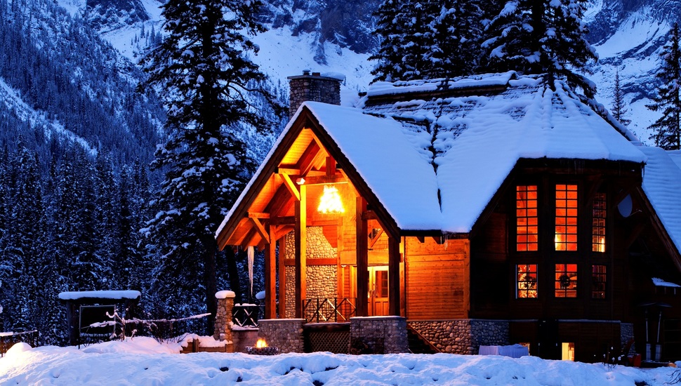 Winter, Nature, House, Mountains, Night, Trees, Light, - Emerald Lake - HD Wallpaper 